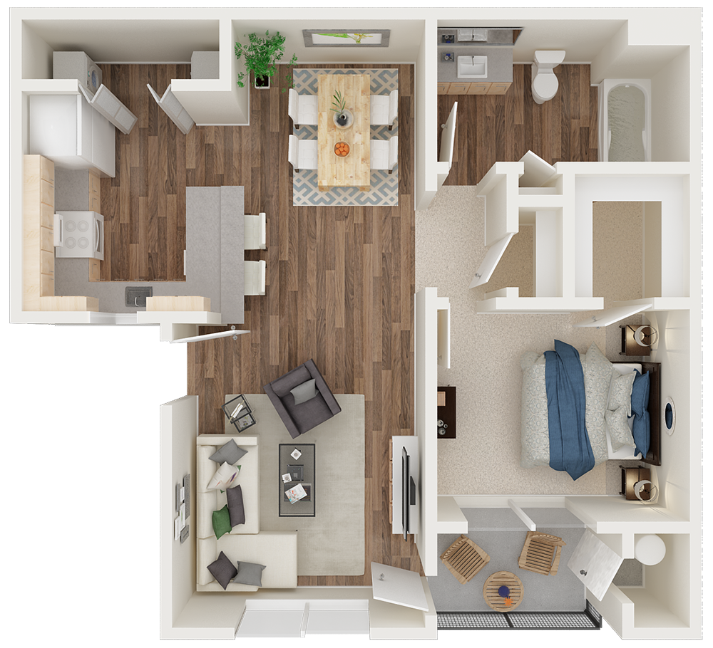 Floor plan for 1 bed, 1 bath, 765 sqft